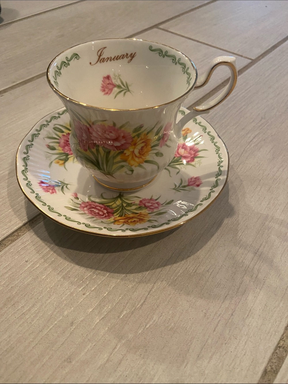January Floral Bone China Teacup and Saucer - Pink & Yellow